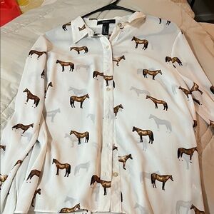 Forever 21 White Horse Print Women's Button Down Shirt